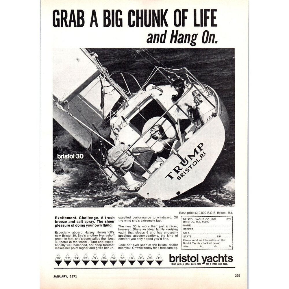 1971 Bristol 30 Sailing Yachts Sail Boat Vintage Print Ad Rhode Island Wall Art